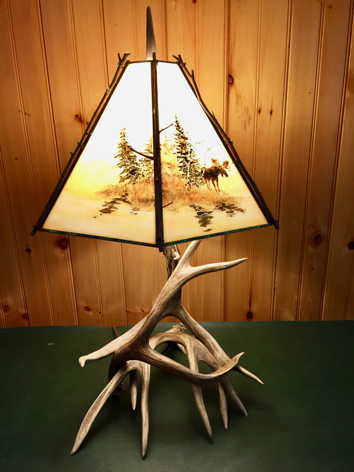 Real Deer Antler Table Lamp with Custom Stained Glass Shade - Mad River