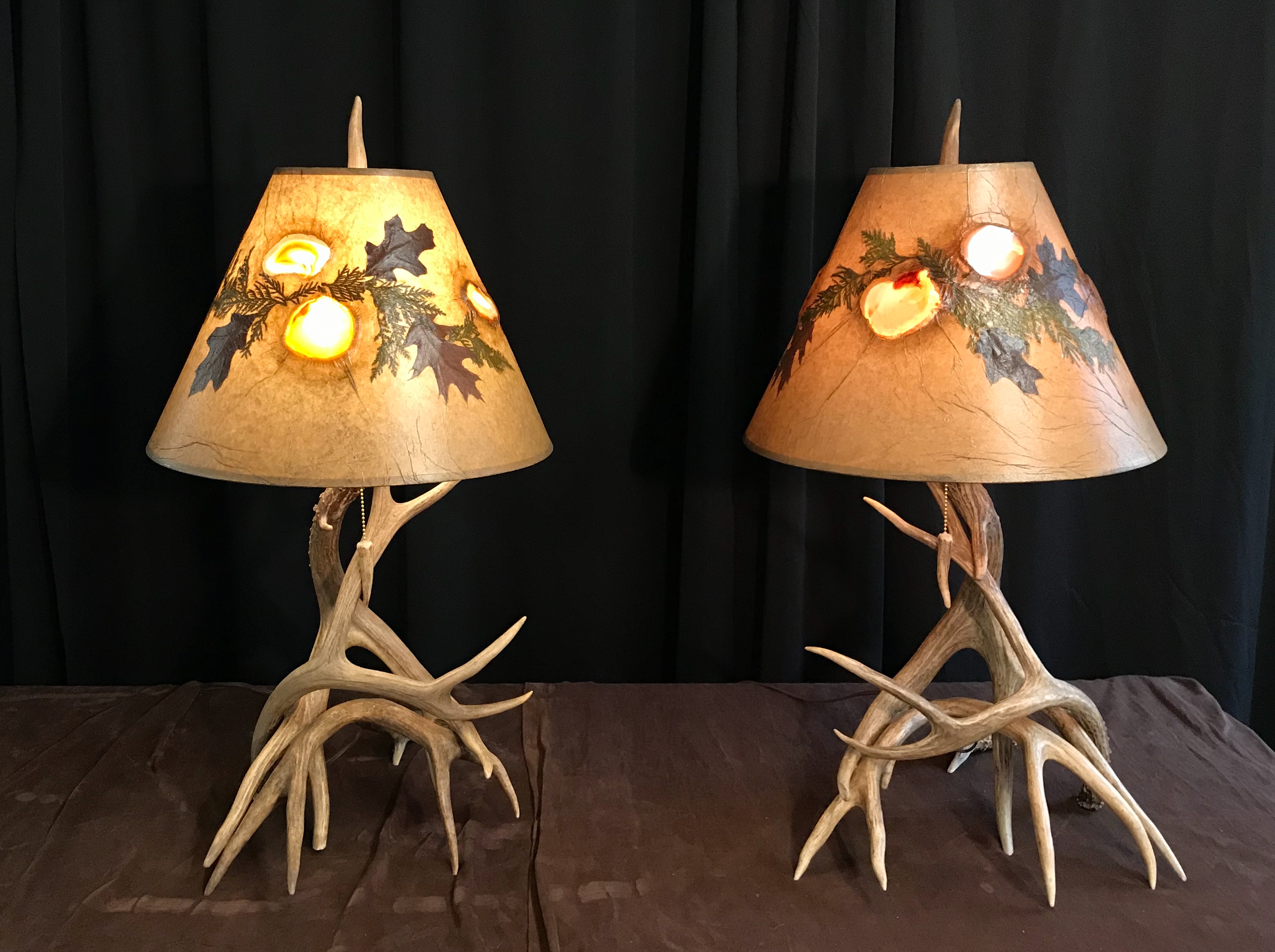 Real Deer Antler Table Lamp Set with Agate Shade - Mad River Antler