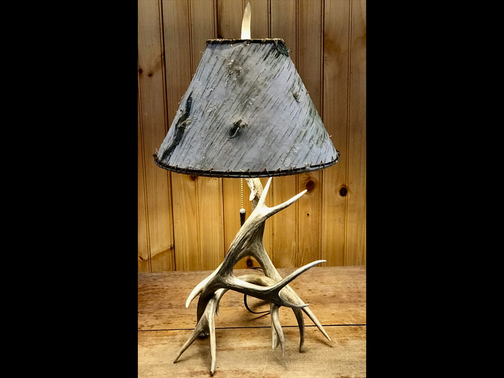 Real Mule Deer Antler Table Lamp with Real Birch Bark Lamp Shade