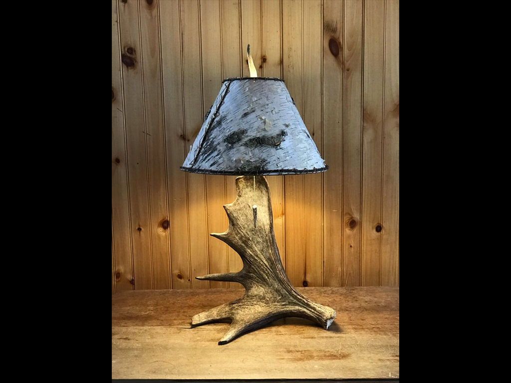 Real Moose Antler Table Lamp with White Birch Shade